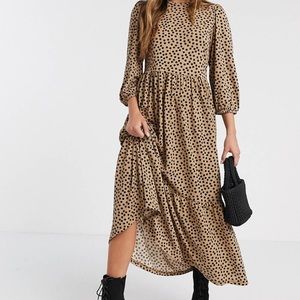 Beige tiered midi dress with polka dots